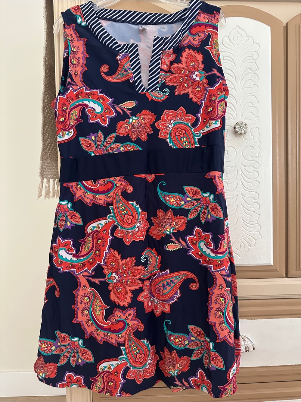 Navy Midi Swim Dress Cover with Red Paisley Print